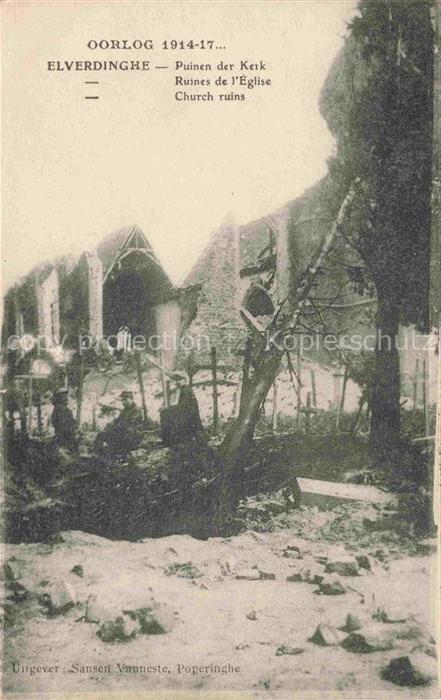 Elverdinge Oorlog-1914-17 Kirchenruinen Puinen-der-Kerk Kriegszerstoerung Soldat