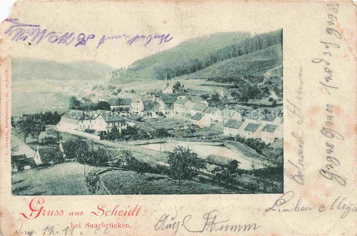 Scheidt Saarbruecken Saarland Gruss-aus Lithographie Panorama Dorf Kirche Huegel