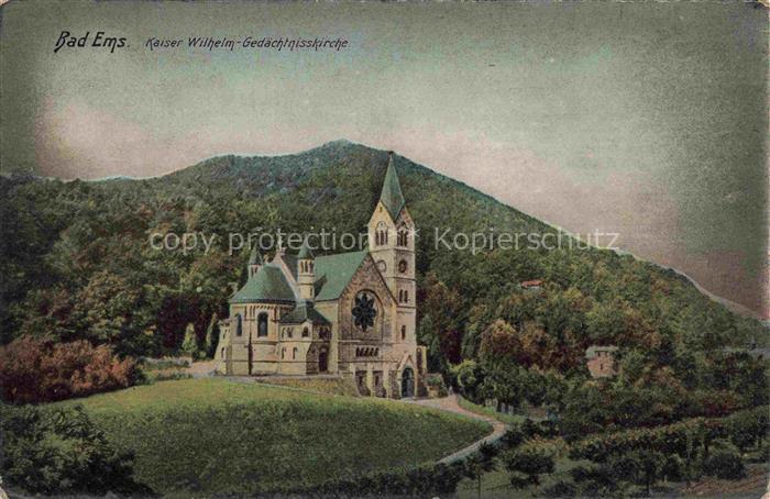 Ems BAD EMS Kaiser-Wilhelm-Gedaechtniskirche Kirche Turm Huegel Baeume Handkolor