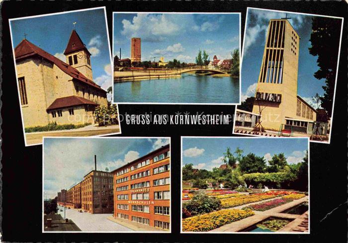 Kornwestheim Kirche Teich Bruecke Wasserturm Salamander-Werkschulen Blumengarten