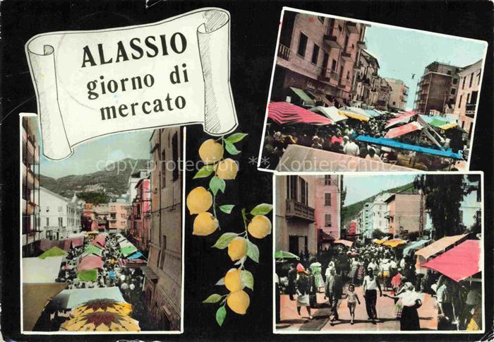 ALAssIO Savona Liguria IT Markt Markttag Marktstaende Zitronendekor Strassenszen