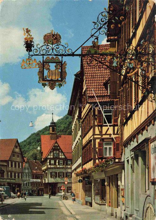 URACH Bad Reutlingen BW Marktplatz Fachwerk Rathaus Wirtshausschild Faesser Wapp