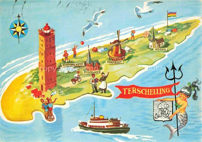 TERSCHELLING Friesland NL Landkarte Leuchtturm Windmuehle Faehre Moewe Meerjungf
