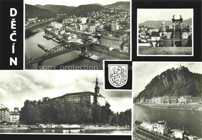 DECIN Tetschen-Bodenbach Boehmen CZ Elbe Schloss Bruecke Luftbild Felsen Lastsch