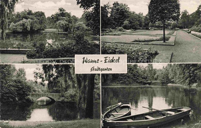 Wanne-Eickel HERNE Stadtgarten Teich Bruecke Ruderboote Weiden Baeume Parkanlage