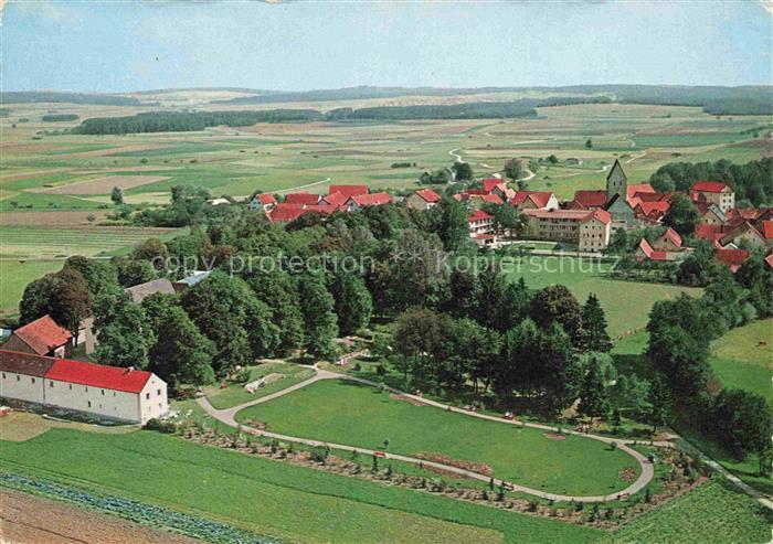Bad Goegging Parkanlage-Roemerbad Kirche Dorf Felder Baeume Kurgarten Vogelpersp