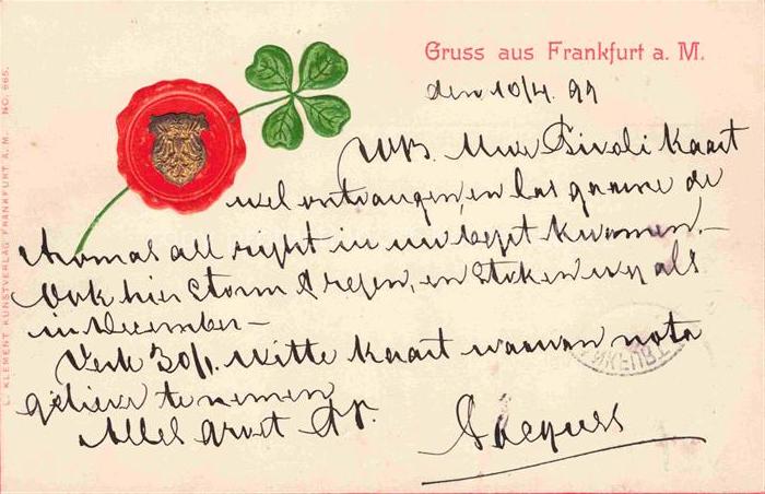 FRANKFURT AM MAIN Kleeblatt Mohnblume Wappen-Siegel Gruss-aus handkoloriert Prae