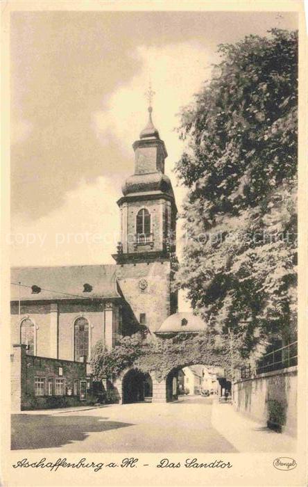 ASCHAFFENBURG Main Bayern Sandtor Kirchturm Torbogen Stadttor Kirche Baeume Sand