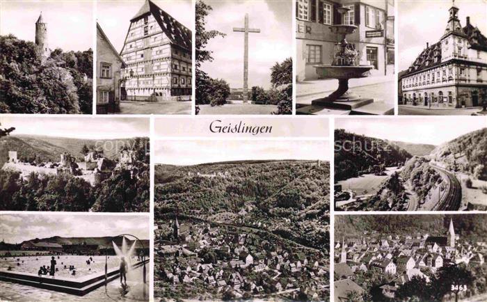 GEISLINGEN Steige BW Turm Fachwerkhaus Kreuz Brunnen Rathaus Burgruine Fliegera