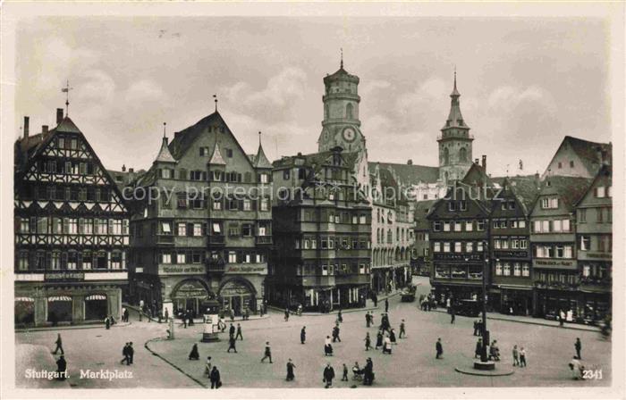 STUTTGART  CITY Marktplatz Fachwerkhaus Kirchturm Rathaus Passanten Geschaefte S