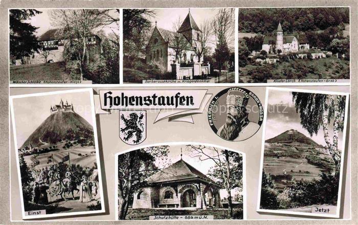 Hohenstaufen 684m Goeppingen BW Hohenstaufen Schutzhuette Barbarossakirche Krieg