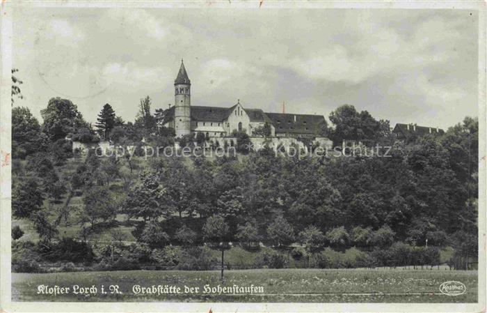 Lorch Remstal BW Kloster-Lorch Hohenstaufen Kloster Kirche Turm Huegel Baeume Wi