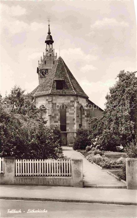 Fellbach BW Lutherkirche Kirchturm Uhr Garten Zaun Baeume