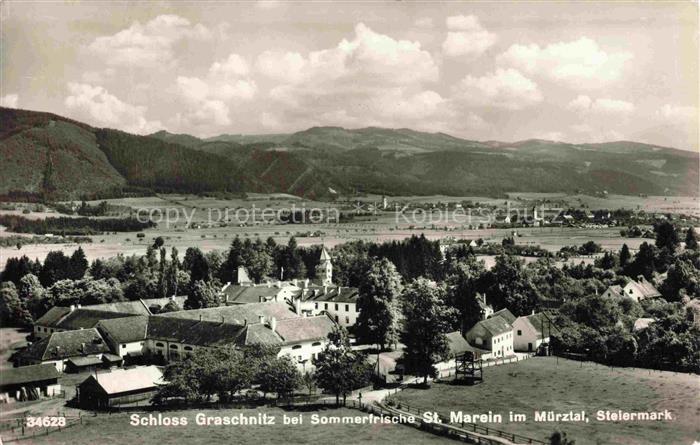 Sankt MareMuerztal Schloss-Graschnitz Sommerfrische Ortsansicht Tal Berge Felder