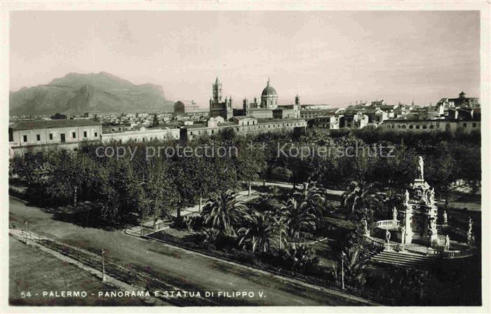 PALERMO Sicilia IT Statua-Filippo-V Cattedrale Park Palmen Stadtpanorama Berg P