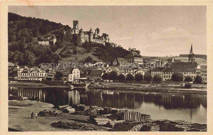 Wertheim Main BW Schloss Main Burgberg Altstadt Kirche Holzstapel Fluss S/W-Foto