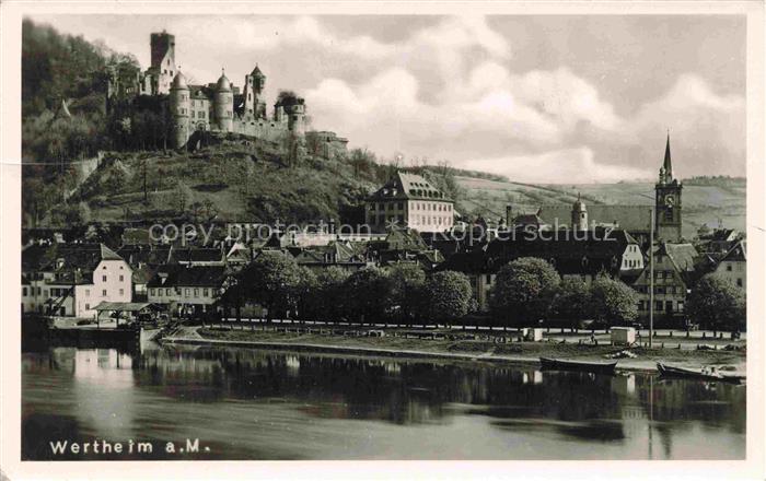 Wertheim Main BW Burg Main Altstadt Kirchturm Ufer Haeuser Huegel Flussansicht