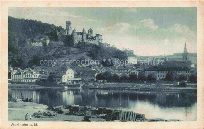 Wertheim Main BW Burg Main Altstadt Kirchturm Holzlager Ufer Flussansicht Haeuse