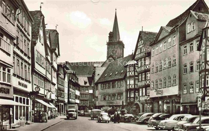Wertheim Main BW Marktplatz Fachwerk Kirchturm Autos Geschaefte Strassenszene Al