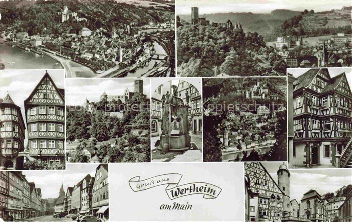 Wertheim Main BW Mehrbildkarte Fachwerk Burg Brunnen Marktplatz Altstadt Main Lu