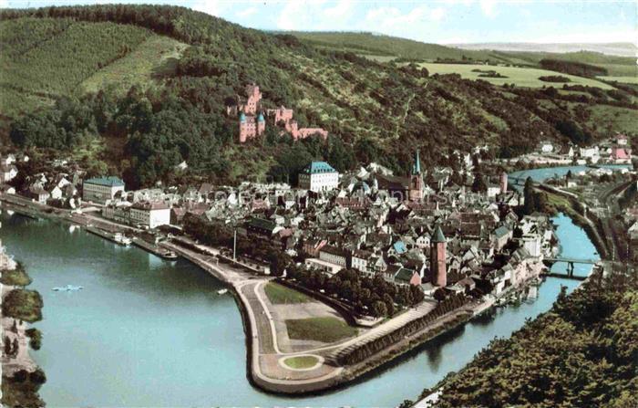 Wertheim Main BW Main Tauber-Muendung Burg Stadtpanorama Bruecke Huegel Wald Far