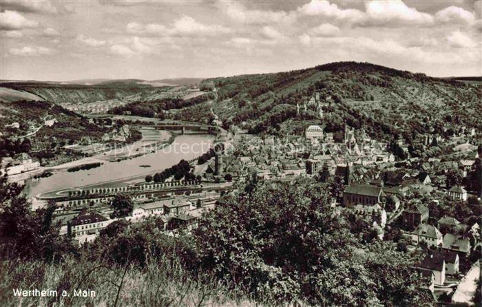 Wertheim Main BW Stadtpanorama Main Burg Haeuser Huegel Wald Bruecke Flusstal