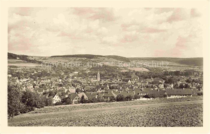 BAD MERGENTHEIM BW Stadtpanorama Kirche Tuerme Felder Huegel Wohnhaeuser
