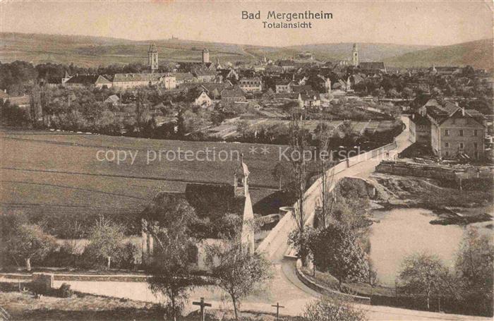 BAD MERGENTHEIM BW Kirchen Tuerme Daecher Felder Baeume Strasse Wegkreuze Huegel