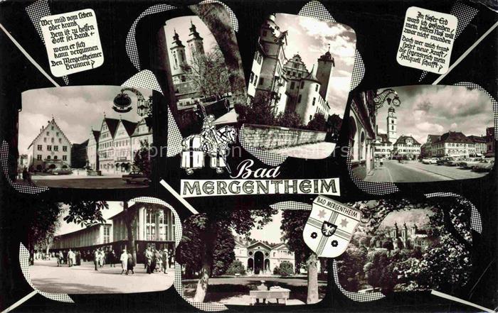BAD MERGENTHEIM BW Mehrbildkarte Hotel-Kurhaus Schloss Marktplatz Kurpark Brunne