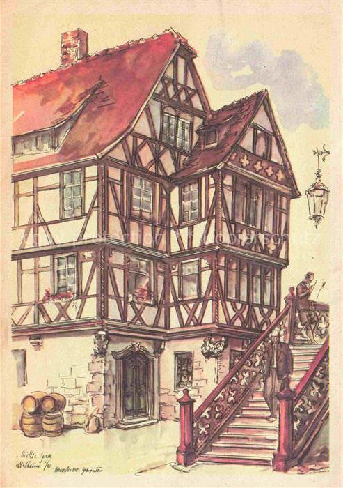 Wertheim Main BW Haus-der-Vier-Gekroenten Fachwerk Treppe Laterne Zeichnung