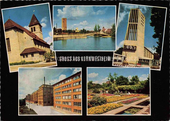Kornwestheim Kirche Fluss Bruecke Salamander-Werkschulen Fabrik Blumengarten mod