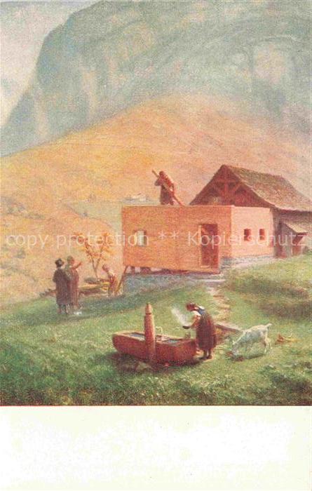 RITTMEYER E. (1820-1904) Kuenstlerkarte Schweiz Hausbau im Schwendital