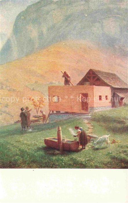 RITTMEYER E. (1820-1904) Kuenstlerkarte Schweiz Hausbau im Schwendital