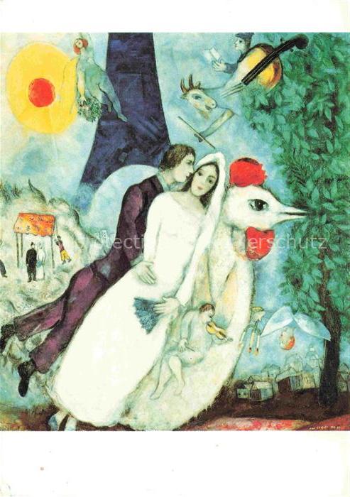 CHAGALL Marc (1887-1985) Kuenstlerkarte Das Brautpaar mit dem Eiffelturm