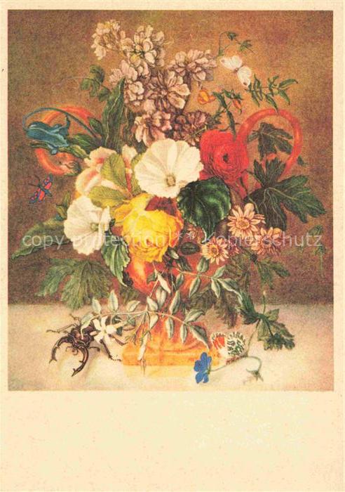 STEINER Emanuel (1778-1831) Kuenstlerkarte Blumenstilleben mit Kaefer und Schmet