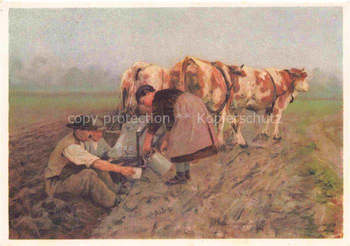BACHMANN Hans (1852-1917) Kuenstlerkarte Rast auf dem Felde