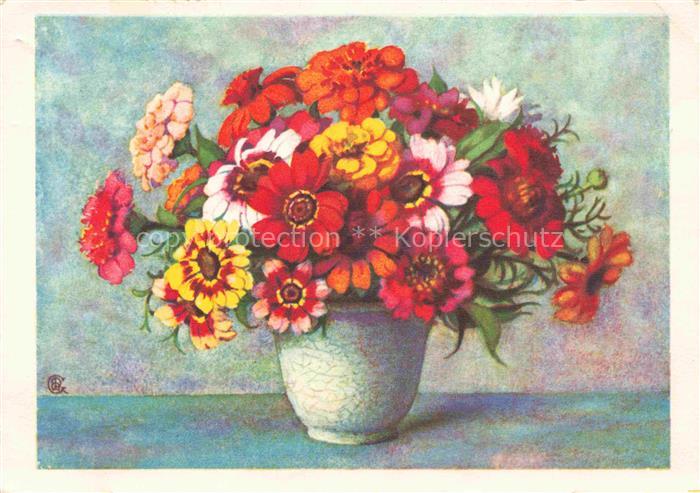 GIACOMINI-PICARD M. J Kuenstlerkarte Schweiz Zinnien und Tagetes