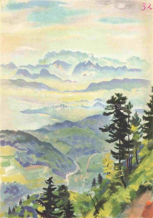 SCHWARZ Hans Kaspar Kuenstlerkarte Zuerich Blick v. Uetliberg auf Sihltal ind Al