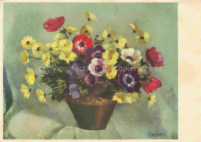 DUJARDIN Y. Kuenstlerkarte Geneve Gelbe Margritten und Anemonen
