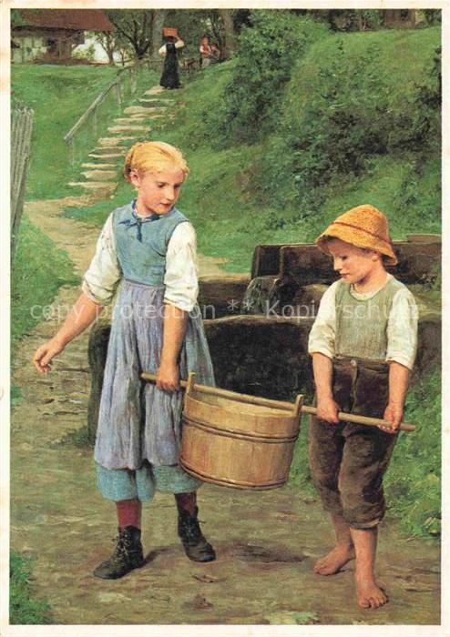 ANKER Albert (1831-1910) Kuenstlerkarte Schweiz Wassertragende Kinder