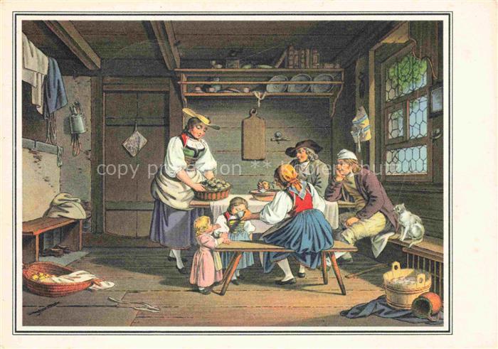 FREUDENBERGER S. (1745-1801) Kuenstlerkarte Schweiz Die laendliche Mahlzeit