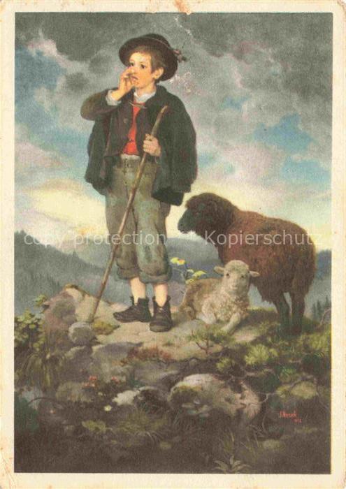 NueESCH Jacob (1845-1895) Kuenstlerkarte Schweiz Hirtenknabe mit Schafen