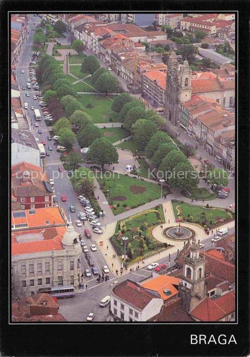 Braga PT Avenida-Central Luftaufnahme Park Brunnen Kathedrale Baumreihe Stadtans