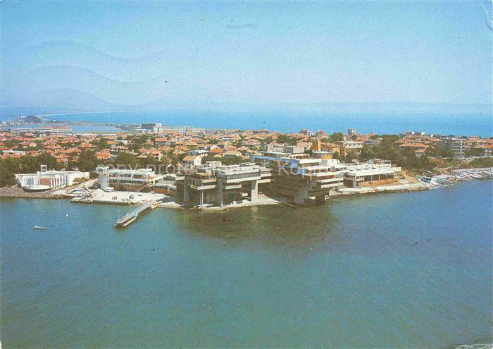 Pomorie BG Luftaufnahme Halbinsel Meer Hafen Wohnhaeuser Kulturhaus Kueste