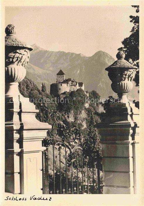 Vaduz Liechtenstein FL Schloss-Vaduz Burg Schmiedeeisernes-Tor Vasen Berge Alpen
