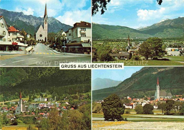 Schaan Liechtenstein FL Kirche Dorfplatz Panorama Berge Alpen Ortschaft Wiesen
