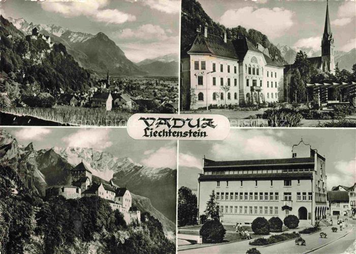 Vaduz Liechtenstein FL Schloss-Vaduz Pfarrkirche Rathaus Regierungsgebaeude Pano