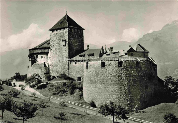 Vaduz Liechtenstein FL Schloss-Vaduz Bergfried Burgmauer Bergwiese Baeume