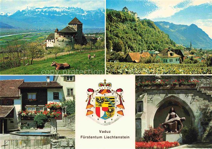 Vaduz Liechtenstein FL Schloss-Vaduz Rheintal Mittagspitze Dorfbrunnen Fuerstenw