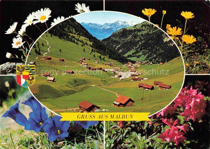 Malbun Triesenberg Liechtenstein Gruss-aus Bergdorf Alpental Wappen Alpenblumen